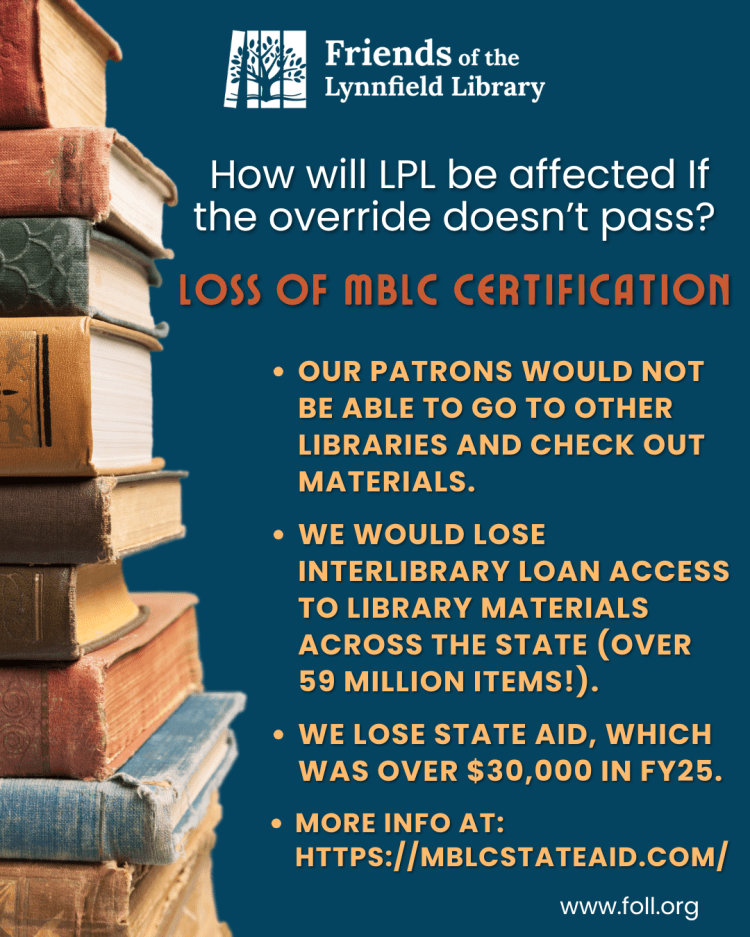 How the Lynnfield Public Library will be affected without an override - listing affects of loss of certification. Image to the left of a stack of books.