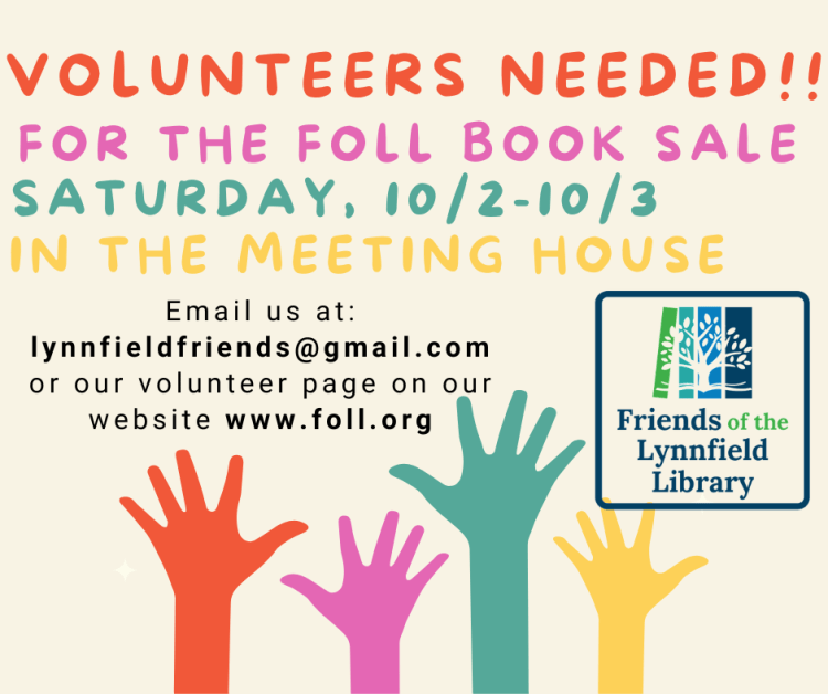 Image of ands raised. Text: Book sale volunteers needed for 10/2-10/3